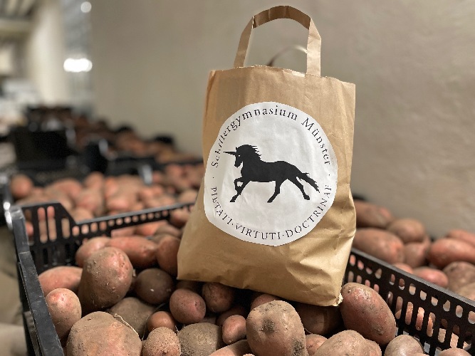 Eine braune Papiertüte mit dem Logo des Schillergymnasiums  steht auf einem Kartoffelhaufen stellvertretend für die gepackten Tüten mit Kartoffeln.